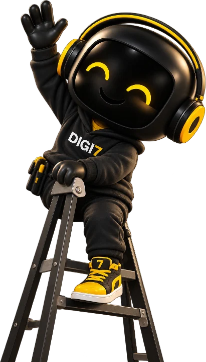 Digi7 mascot waving hello from a ladder