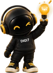 Digi7 mascot holding up a glowing lightbulb