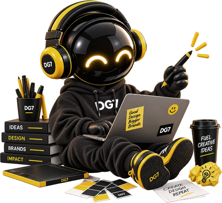 Digi7 mascot designing on a laptop surrounded by brand books