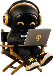 Digi7 mascot working on a laptop in a director's chair