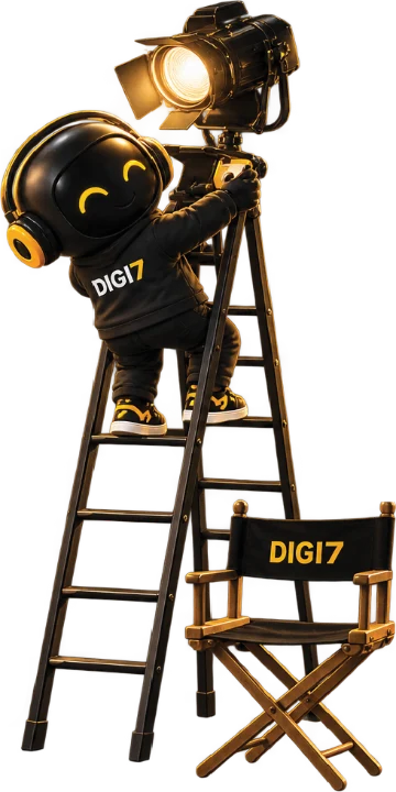 Digi7 mascot on a ladder setting up a spotlight