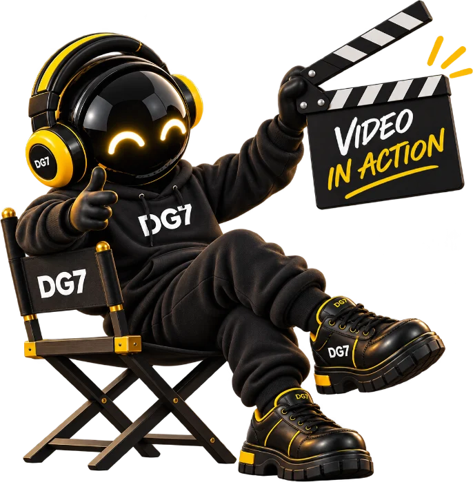 Digi7 mascot in a director's chair holding a Video in Action clapperboard
