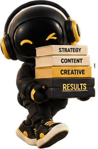 Digi7 mascot carrying books labelled Strategy, Content, Creative and Results